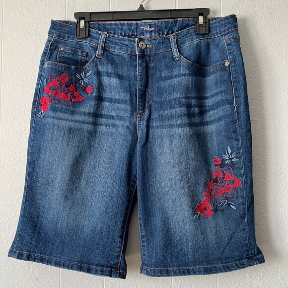 Indigo Other - Indigo Girls Bermuda Shorts Size 14 Embroidered Dark Wash Whiskered Stretch Boho